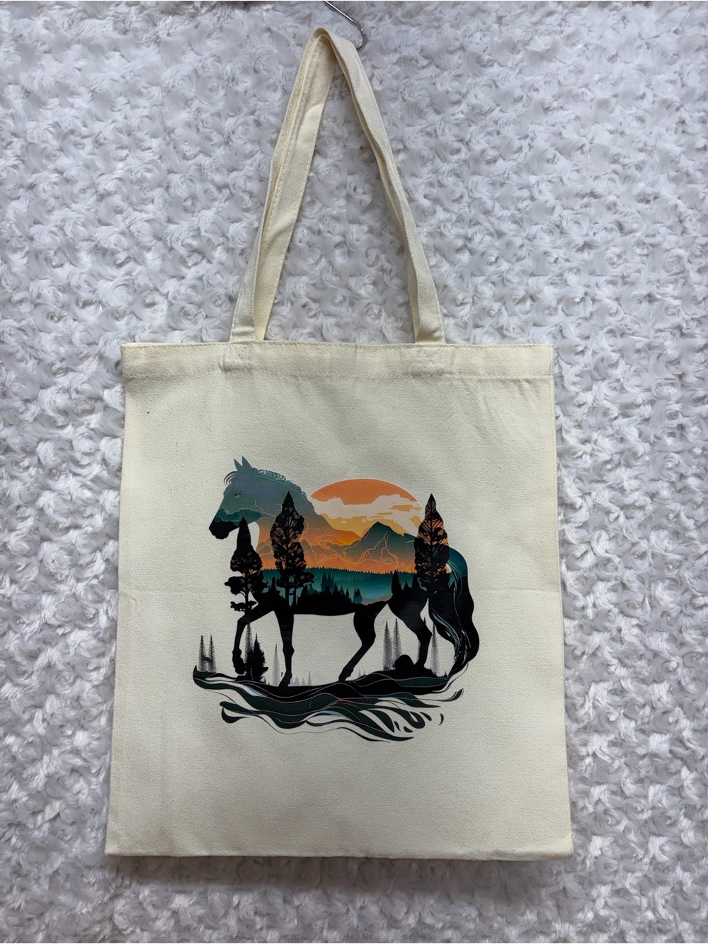 Cream Canvas Tote with Horse Sunset Scenic Print western